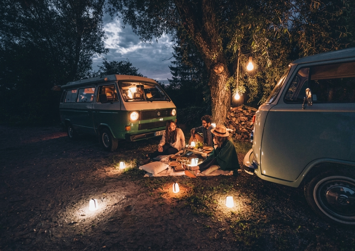 Fermob Aplo hanging lights and Fermob Balad lanterns illuminate a cosy outdoor gathering. 