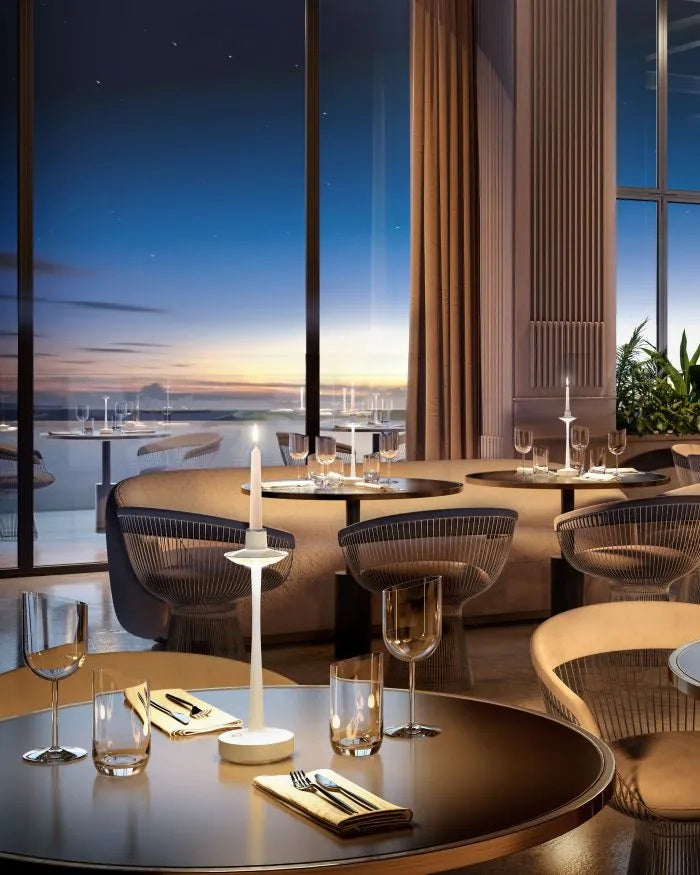 Villeroy & Boch Aarhus Table lamp styled in a fancy restaurant setting. 