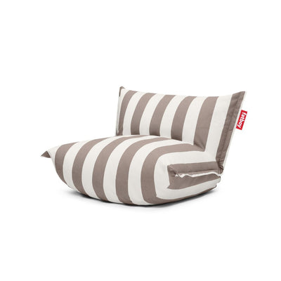 Low-profile outdoor lounge chair with wide backrest, thick cushioning in stripe cacao, by Fatboy, at Desert River Shop.