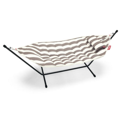 Stripe cacao and white hammock with quilted fabric and matching pillow, suspended on a sturdy black powder-coated metal frame, by Fatboy, from Desert River Shop.