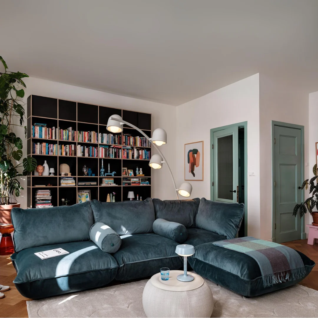 Fatboy Sumo corner sofa set in petrol boasts a modular design for easy rearranging & is made with recycled velvet for softness & durability.