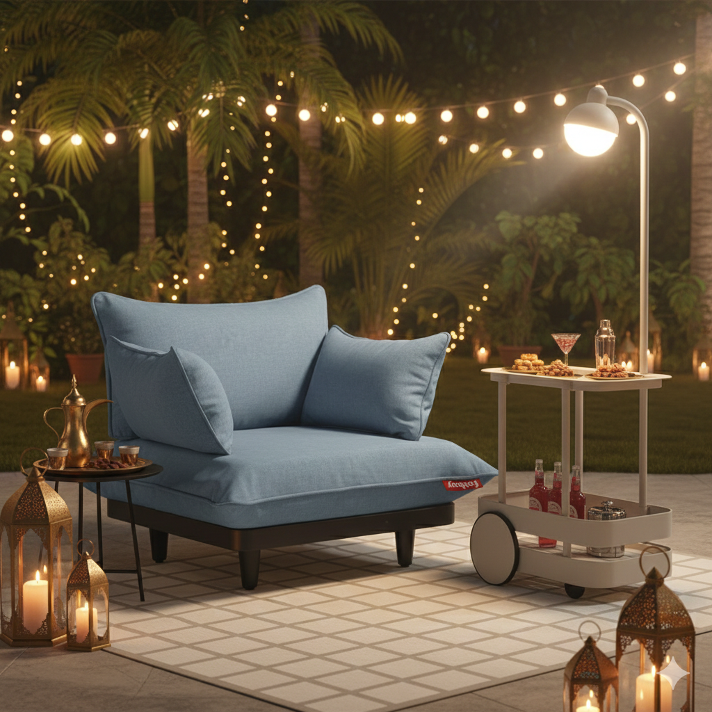 Fatboy Paletti chair with Jolly Trolley and Carpretty Grand Checky outdoor rug, featured in our Eid sale.
