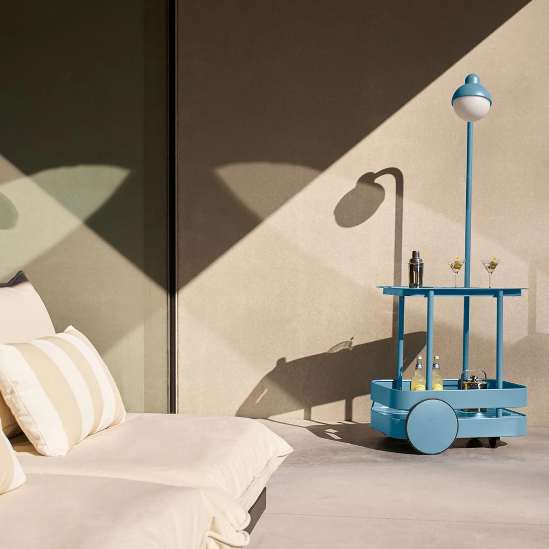 Bright and durable balcony furniture ideas include Fatboy’s Jolly Trolley and King outdoor cushions, both available in various colours.
