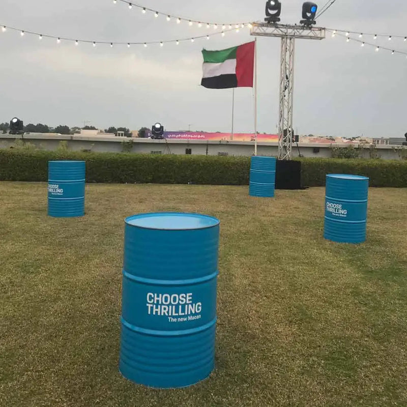 Oil drum table blue Desert River Rentals