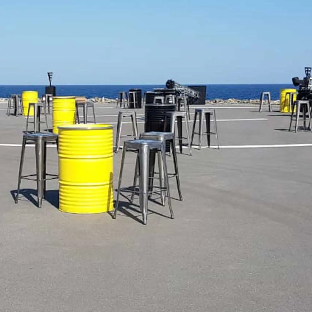 Oil drum table yellow Desert River Rentals