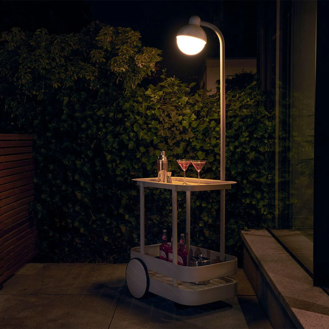The Fatboy Jolly trolley and bar cart adds mobility and style to any outdoor coffee table setup.

